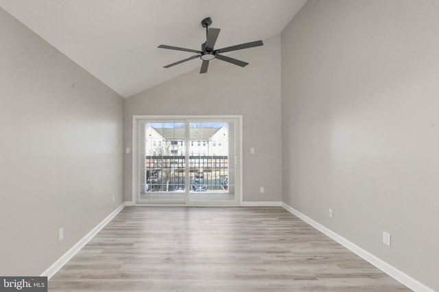 unfurnished room featuring ceiling fan, high vaulted ceiling, and light hardwood / wood-style floors