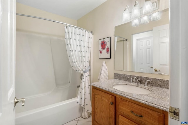 bathroom featuring vanity, shower / bathtub combination with curtain, and tile patterned floors