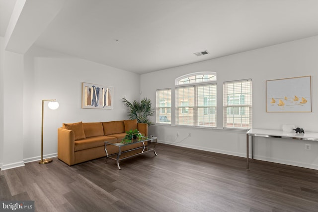 living room with dark wood-type flooring