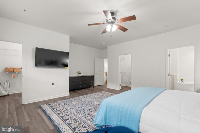 bedroom featuring dark hardwood / wood-style flooring, a spacious closet, ceiling fan, and ensuite bathroom