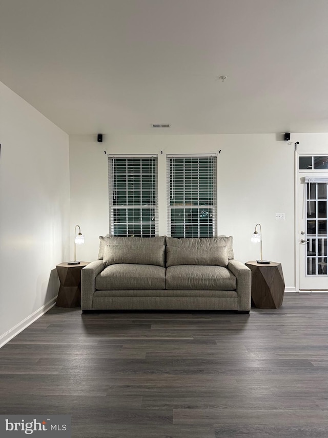 living room with dark wood-type flooring