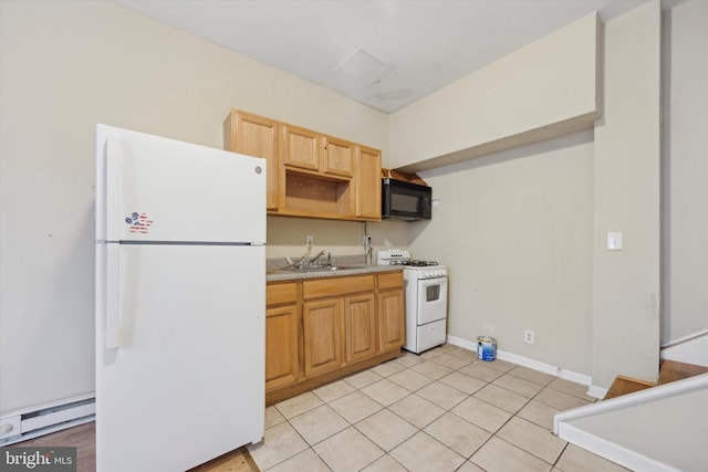 kitchen with white appliances, light tile patterned floors, sink, and a baseboard heating unit