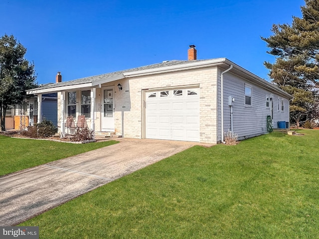 ranch-style house featuring driveway, an attached garage, a front yard, brick siding, and a chimney