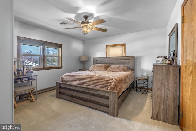 bedroom featuring light colored carpet, ceiling fan, and baseboard heating