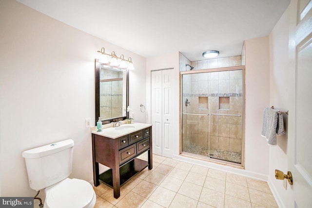 bathroom featuring an enclosed shower, vanity, tile patterned floors, and toilet