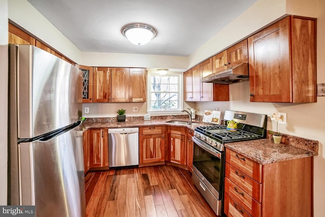 kitchen featuring light wood-type flooring, stainless steel appliances, sink, and stone counters