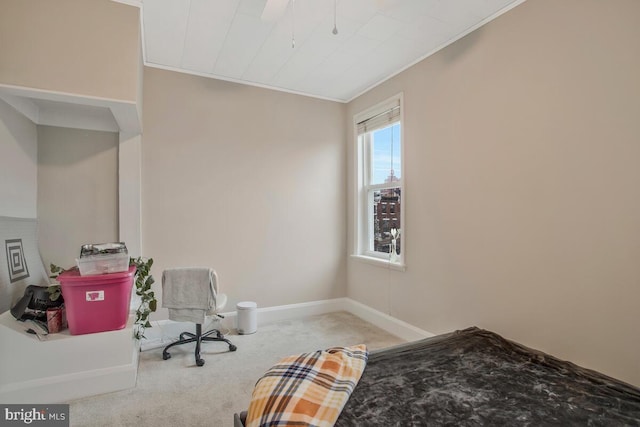 bedroom featuring crown molding and carpet