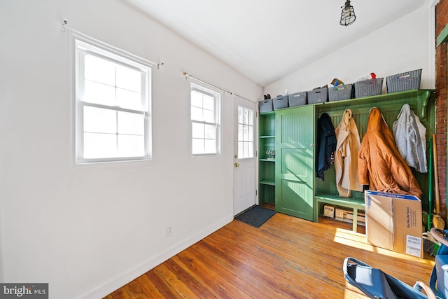 mudroom with lofted ceiling and hardwood / wood-style flooring