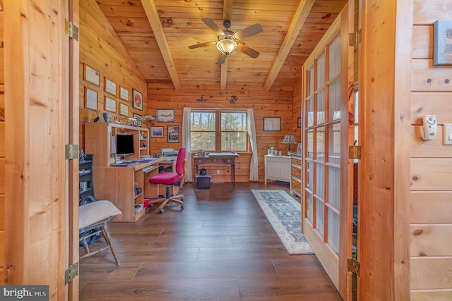 office space featuring wood walls, ceiling fan, dark wood-type flooring, wood ceiling, and beam ceiling