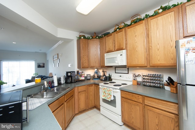 kitchen with crown molding, sink, and white appliances