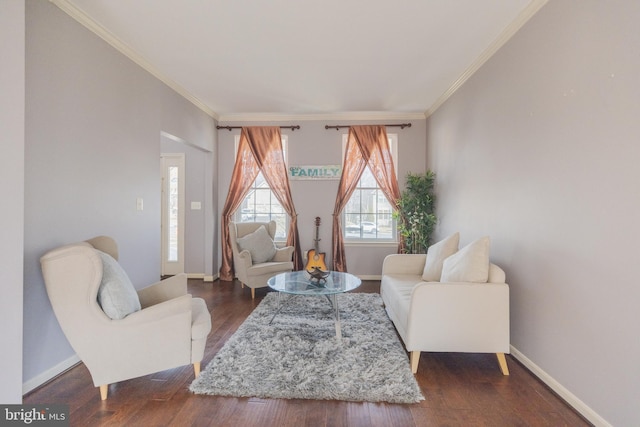 living room with ornamental molding and dark hardwood / wood-style flooring