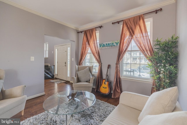 living room with crown molding and dark hardwood / wood-style floors