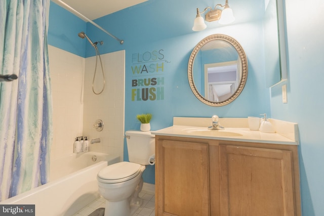 full bathroom with shower / bath combination with curtain, tile patterned floors, toilet, and vanity