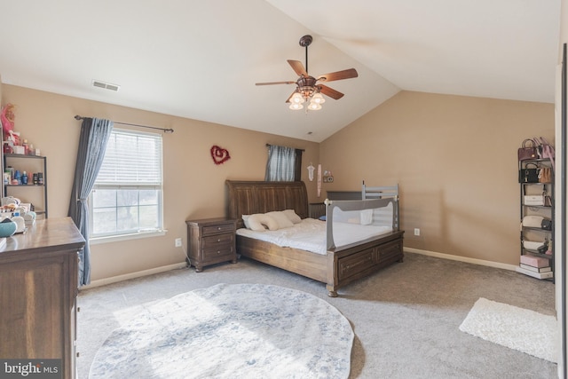 bedroom featuring ceiling fan, light colored carpet, and lofted ceiling