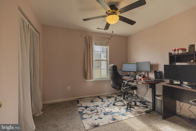 office featuring ceiling fan and carpet flooring