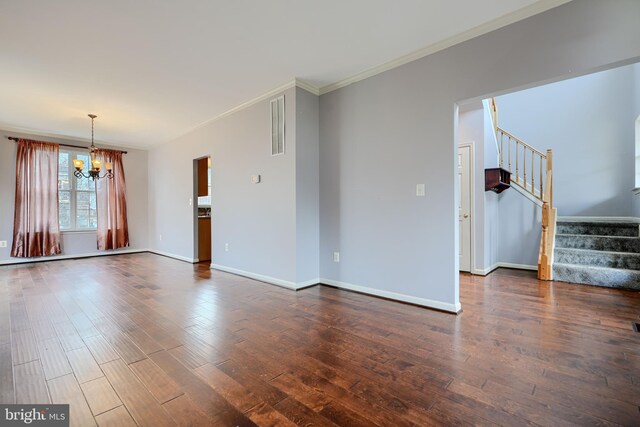 34 Broadbridge Rd, Rosedale, MD 21237 - unfurnished living room with a chandelier, ornamental molding, wood finished floors, and stairway