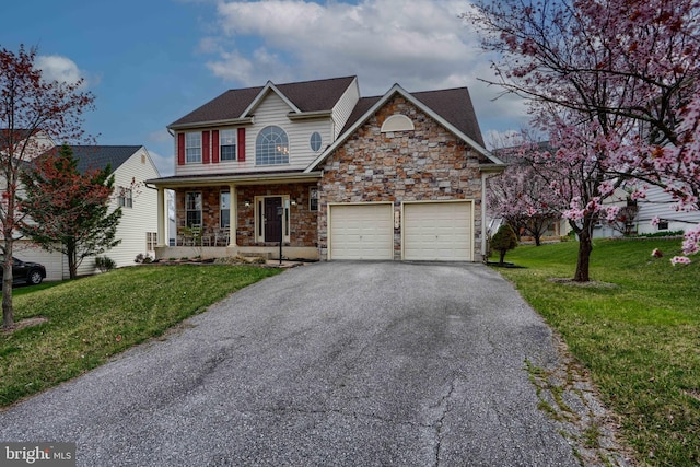 34 Broadbridge Rd, Rosedale, MD 21237 - view of front of home featuring a porch, driveway, stone siding, an attached garage, and a front yard