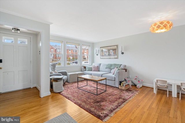 living room with ornamental molding and light wood-type flooring