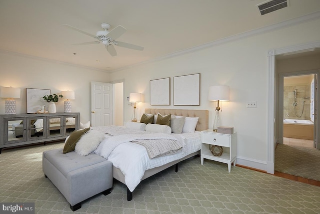 bedroom with baseboards, visible vents, ceiling fan, carpet, and crown molding