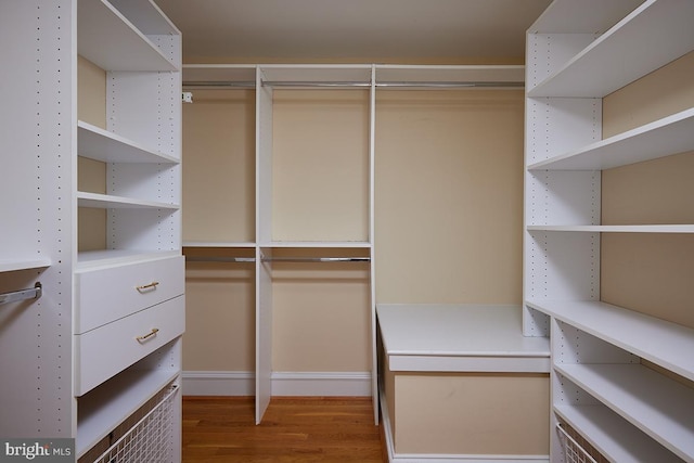 walk in closet with wood finished floors