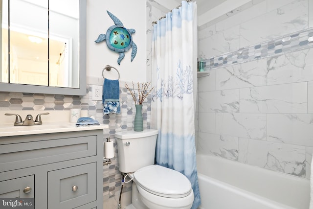 full bathroom with vanity, tasteful backsplash, shower / bath combination with curtain, and toilet