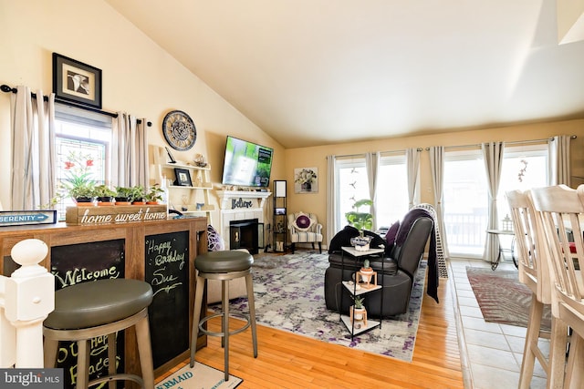 living room featuring lofted ceiling, a fireplace, and light hardwood / wood-style floors