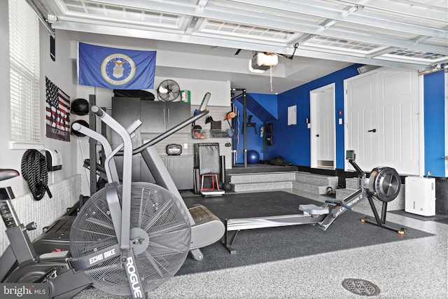 workout room featuring a garage