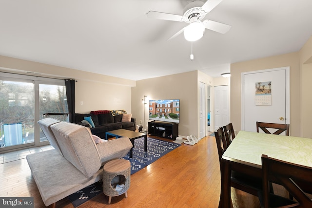 living room with light hardwood / wood-style floors and ceiling fan