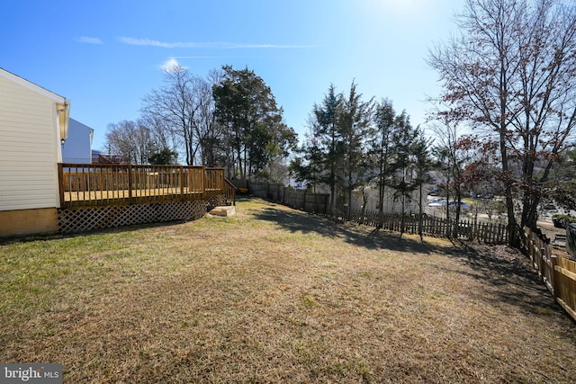 view of yard with a fenced backyard and a wooden deck