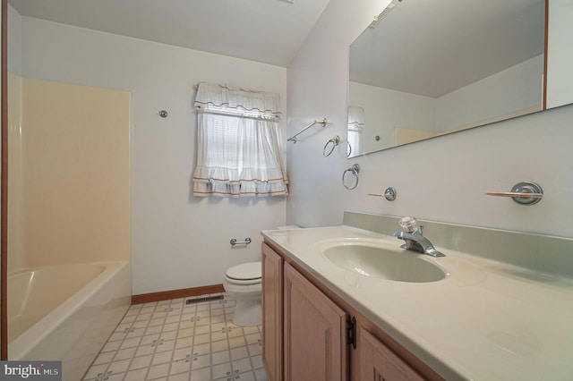 full bathroom featuring shower / tub combination, vanity, and toilet