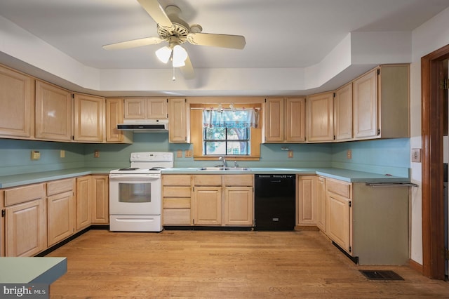 kitchen with dishwasher, white electric range, and light brown cabinets