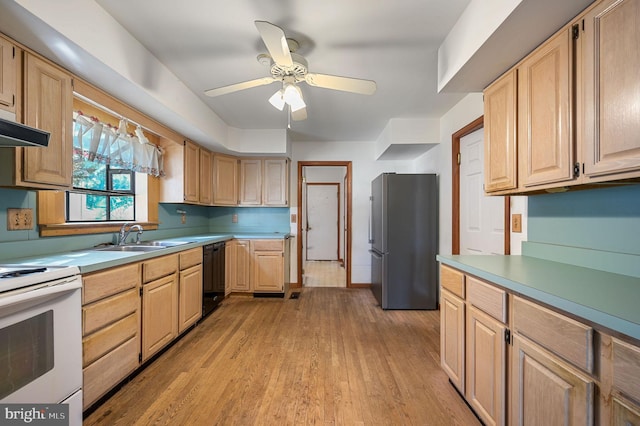 kitchen with sink, stainless steel fridge, black dishwasher, white electric range oven, and light brown cabinetry