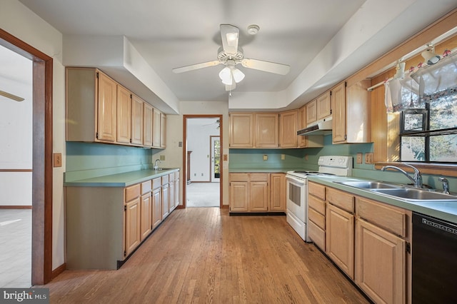 kitchen with white range with electric cooktop, dishwasher, sink, and light brown cabinets