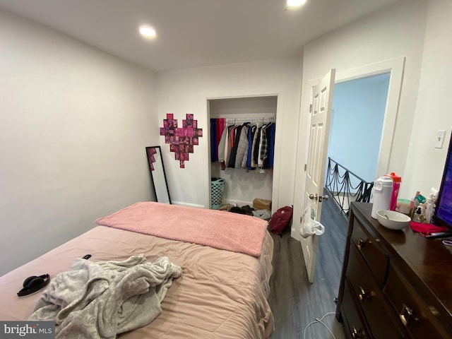 bedroom featuring wood-type flooring and a closet