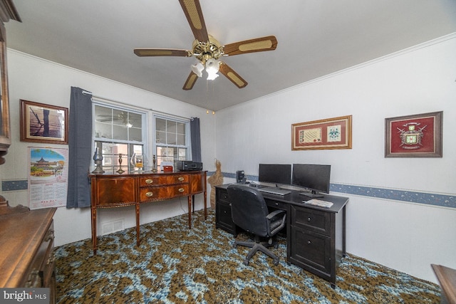 home office with crown molding and ceiling fan