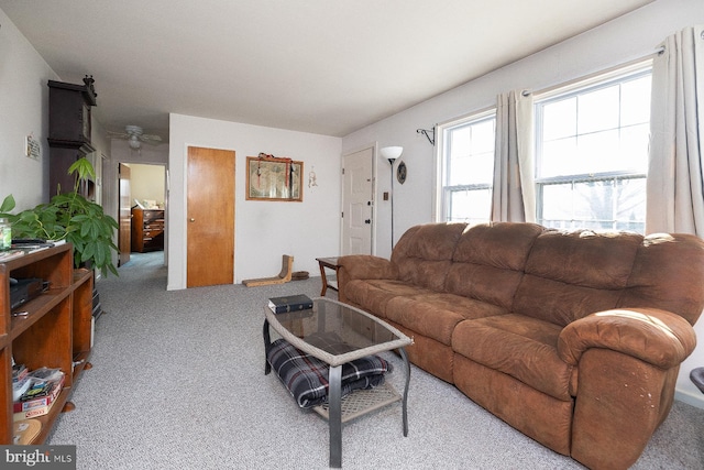 living room featuring light carpet