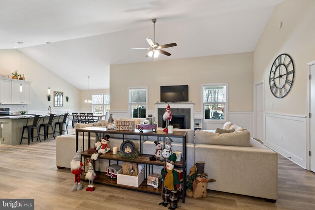 living room with a healthy amount of sunlight, light hardwood / wood-style floors, and a tile fireplace