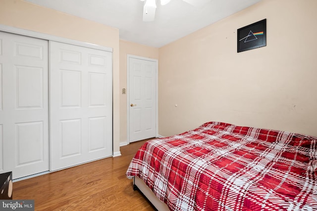 bedroom featuring wood-type flooring, a closet, and ceiling fan