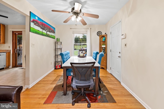 dining area featuring ceiling fan and light wood-type flooring