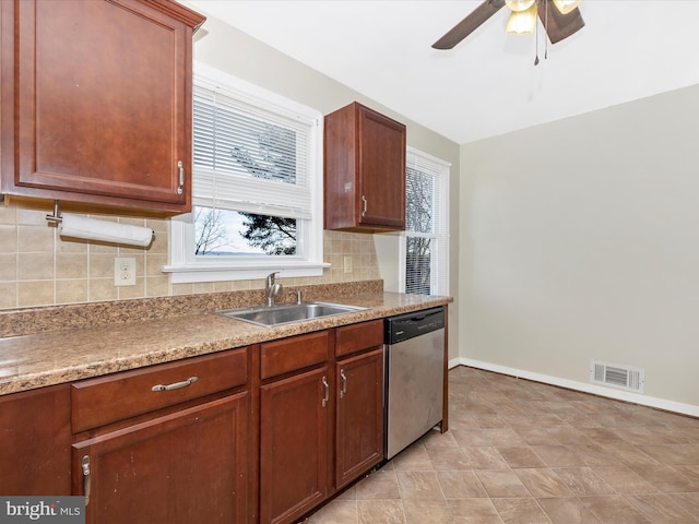 kitchen featuring ceiling fan, dishwasher, sink, and decorative backsplash