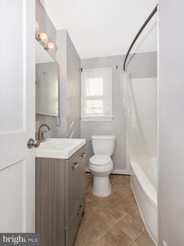 full bathroom featuring shower / bathtub combination with curtain, vanity, and toilet