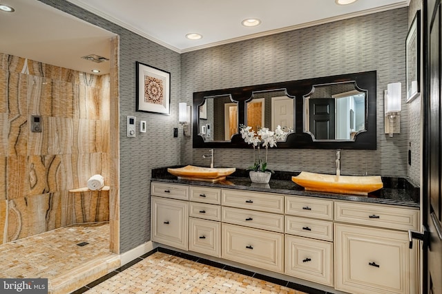 19 Longwood Ln, Newark, DE 19711 - bathroom with a sink, double vanity, recessed lighting, ornamental molding, and tiled shower
