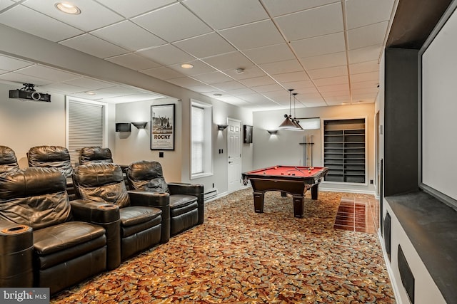 19 Longwood Ln, Newark, DE 19711 - recreation room featuring carpet flooring, baseboard heating, recessed lighting, a paneled ceiling, and billiards
