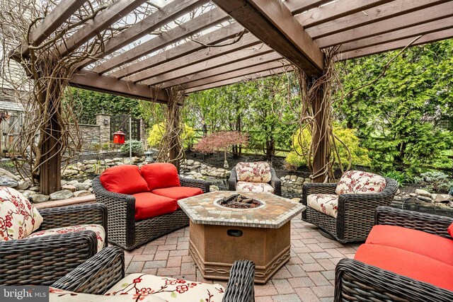 19 Longwood Ln, Newark, DE 19711 - view of patio / terrace featuring an outdoor living space with a fire pit and a pergola