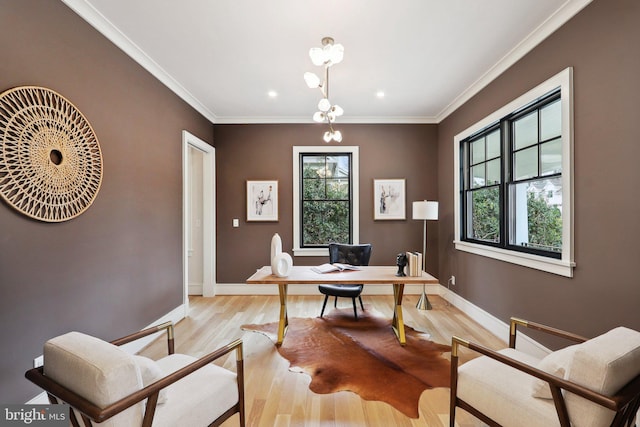 office area featuring light wood finished floors, baseboards, ornamental molding, and recessed lighting