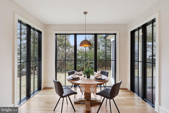 dining room with light wood-style floors, a wealth of natural light, and baseboards