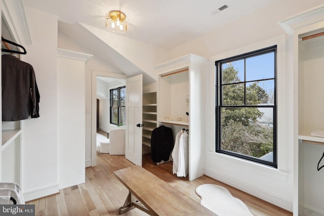 mudroom with light wood-style flooring, visible vents, and a wealth of natural light