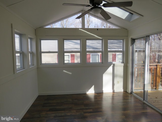 unfurnished sunroom with plenty of natural light, lofted ceiling, and ceiling fan