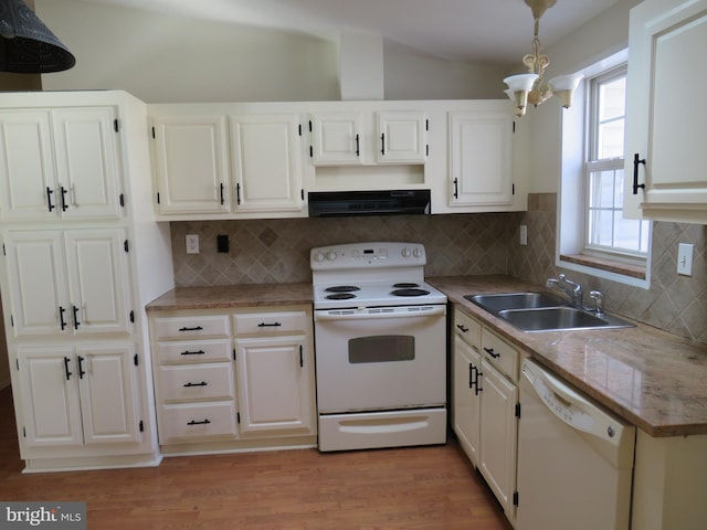 kitchen with white cabinetry, white appliances, decorative light fixtures, and sink