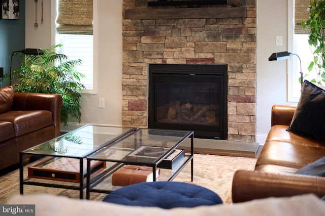 living room with a fireplace